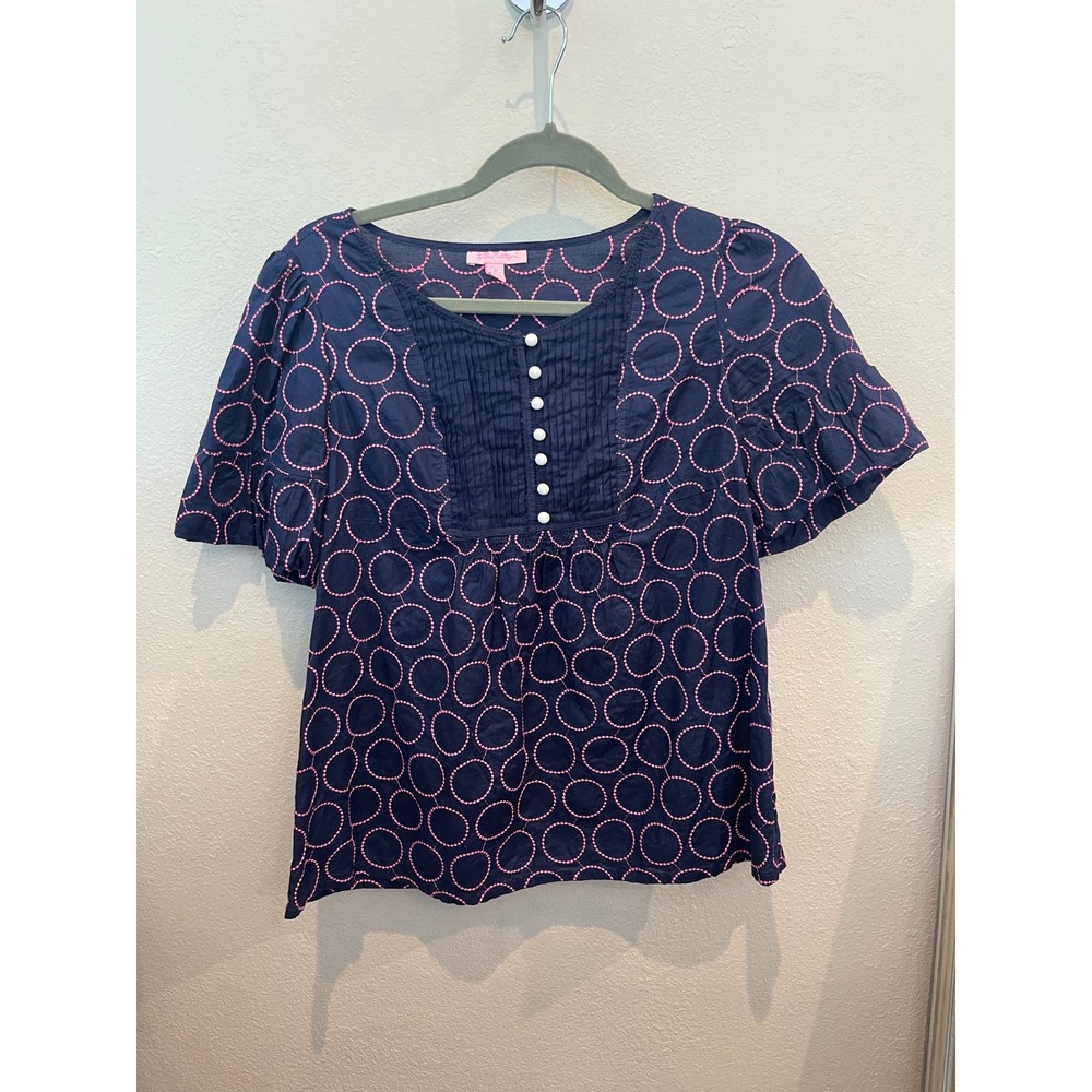 Lilly Pulitzer Navy Blue Pink Circle Embroidered Pleated Bib Blouse Top Size 6